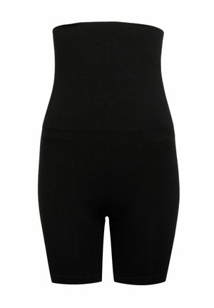 Čierne bezšvové vysoké shapewear šortky s hladkou textúrou, dĺžka po kolená a široký pás na podporu.