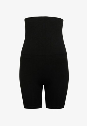 Melni bezšuvju augsto jostasvietu formējošie šorti ar gludu tekstūru, līdz ceļiem garu dizainu un plašu jostu atbalstam.