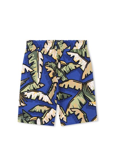Shorts de bain avec un fond bleu orné de feuilles de palmier vertes et jaunes ainsi que de caméléons. Ceinture élastique, tissu léger et motif audacieux.