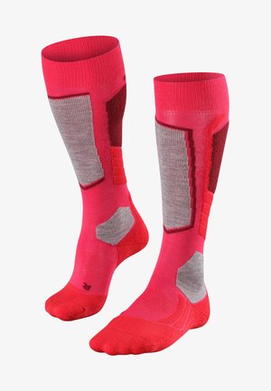 Kniehoge sport-sokken in een felle roze kleur met grijze accenten, ribbelstructuur, gewatteerde delen en versterkte hiel en teen.