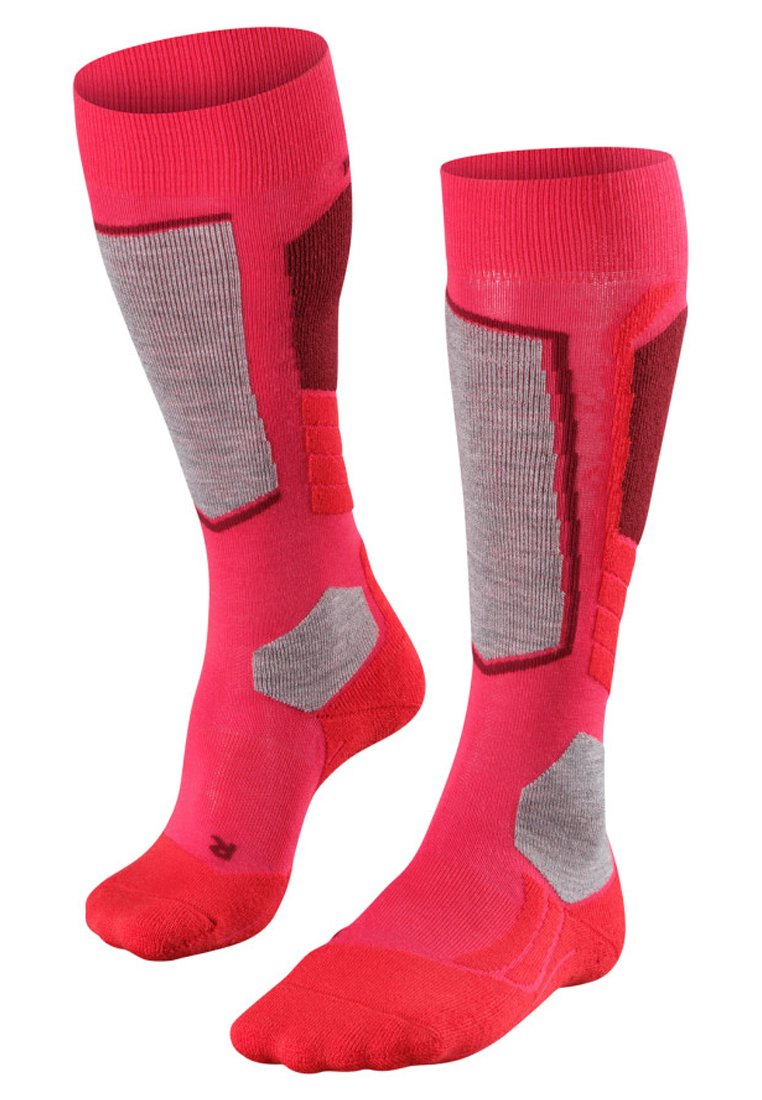 Kniestrümpfe für den Sport in einem leuchtenden Rosa mit grauen Akzenten, gerippter Textur, gepolsterten Bereichen sowie verstärkter Ferse und Zehen.