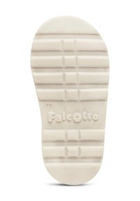 Suola in gomma testurizzata bianca sporca di una scarpa per bambini con scanalature orizzontali e il nome del marchio "Falcotto" impresso accanto al contrassegno della taglia 19.