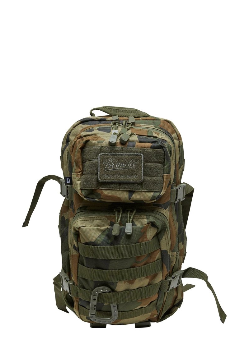 Outdoor backpack in camo pattern with multiple zippered compartments, sturdy webbing, adjustable straps, and a patch area on the front.