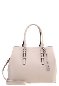 Beżowa skórzana torebka z podwójnymi uchwytami u góry, odpinanym paskiem na ramię, srebrnymi elementami i subtelnym wytłoczonym logo z przodu.