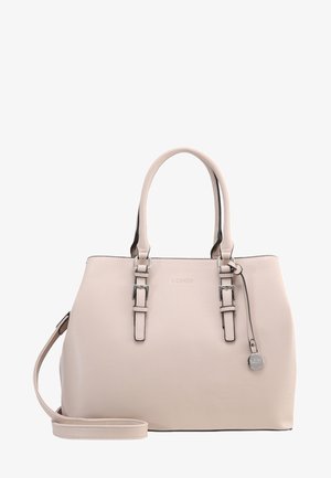 Sac à main en cuir beige avec deux poignées supérieures, une bandoulière détachable, des éléments en métal argenté et un logo embouti subtil à l'avant.