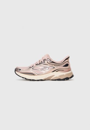 Light pink athletic shoe with a sleek design, mesh upper, black accents, robust sole, and lacing system. Textured details enhance grip.