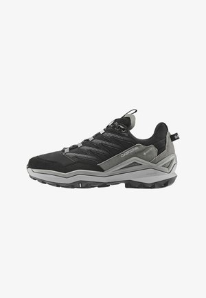 Black and grey hiking shoe featuring a textured upper, reinforced toe cap, and rubber sole with a rugged tread pattern for traction.