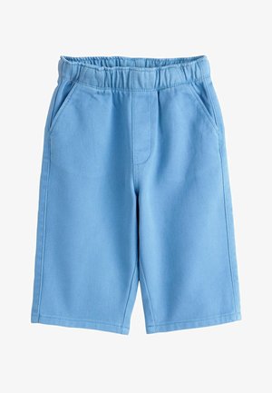 Svetlo modri bombažni kratke hlače z elastičnim pasom, ki imajo dva sprednja žepa in gladko teksturo z nežnim diagonalnim vzorcem.