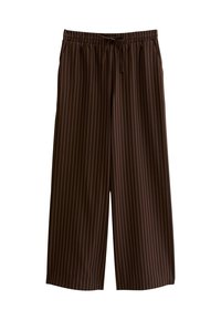 Brune wijde broek met verticale witte strepen, voorzien van een elastische tailleband en een trekkoord voor een verstelbare pasvorm. Soepele stofstructuur.