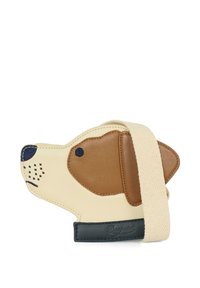 Borsa a forma di cane in pelle beige e marrone con una superficie testurizzata. Presenta una tracolla in tela e cuciture decorative per i dettagli del viso.
