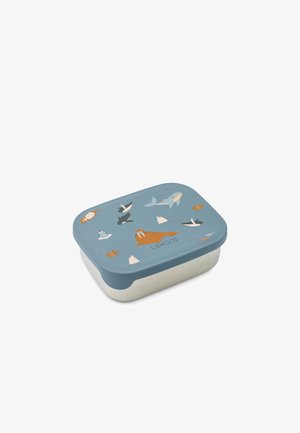 Contenitore alimentare rettangolare con coperchio blu decorato con illustrazioni di animali marini; base color crema; materiale plastico; superficie liscia.