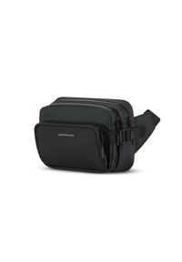 Borsa a tracolla nera in nylon morbido, dotata di diversi scomparti con zip, tracolla regolabile e dettaglio del logo sul davanti.
