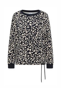 Sudadera con estampado de leopardo en azul marino y crema. Presenta mangas largas, un cuello redondo, puños acanalados y un cordón en el dobladillo.