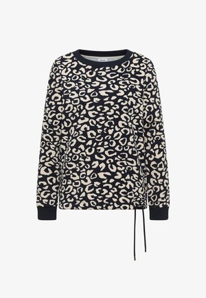 Leopardenmuster-Sweatshirt in Marineblau und Creme. Mit langen Ärmeln, rundem Ausschnitt, geribbelten Bündchen und einem Kordelzug am Saum.