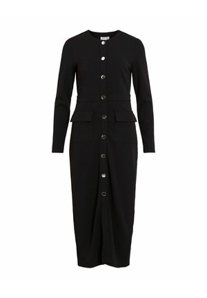 Langes schwarzes Kleid mit langen Ärmeln, rundem Hals, Knopfverschluss vorne, zwei aufgesetzten Taschen und tailliertem Schnitt. Glatte Stoffoberfläche.