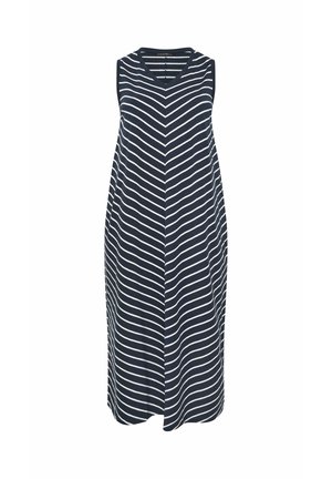 Abito midi senza maniche blu navy con strisce diagonali bianche che formano un motivo a chevron e scollo a V.