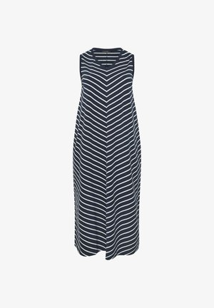 Mouwloze marineblauwe midi-jurk met witte diagonale strepen die een chevronpatroon vormen en een V-hals.