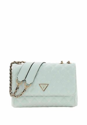 Sac à main bleu clair matelassé avec un logo triangulaire, une bandoulière en chaîne dorée et une fermeture à rabat. Présente un motif en losanges et une texture lisse.