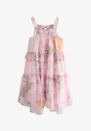 Pinkes ärmelloses Blumenmuster-Kleid mit Rüschen und Polka-Dots, mit gesmoktem Oberteil und mehrlagigem Rock.