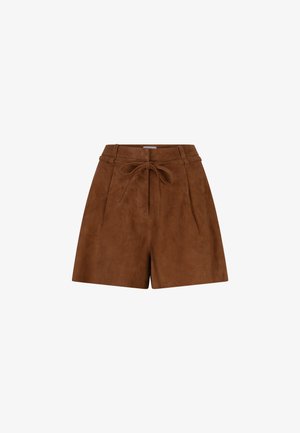 Bruine suède shorts met een strikceintuur, voorzien van plooien aan de zijkant en een ontspannen silhouet. Gladde textuur en eenvoudig, klassiek ontwerp.