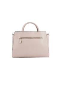 Borsa rosa strutturata in pelle liscia, presenta una maniglia superiore e una tasca frontale con cerniera e dettagli metallici.