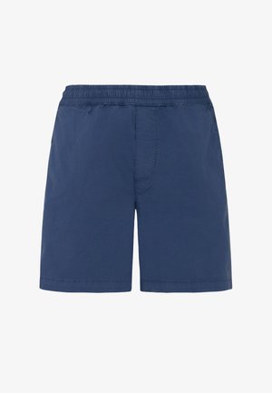 Granatowe szorty z elastycznym pasem, widocznym przeszyciem oraz gładkim, lekkim materiałem.