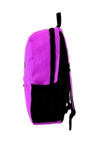 Zaino viola e nero con chiusura a zip, spallacci regolabili, una tasca laterale in rete e materiale pesante.