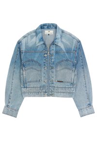 Φωτεινό γαλάζιο cropped τζιν μπουφάν με φερμουάρ μπροστά, κούμπωμα με κουμπιά, δύο μπροστινές τσέπες και μακριά μανίκια με κουμπωτά μανσέτα.