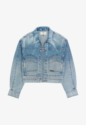 Light blue cropped denim jacket with front zipper, button closures, two front pockets, and long sleeves with buttoned cuffs.