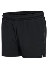 Pantalones cortos deportivos negros hechos de material ligero, con una cinturilla elástica, bolsillos laterales y un pequeño logo en el dobladillo inferior.