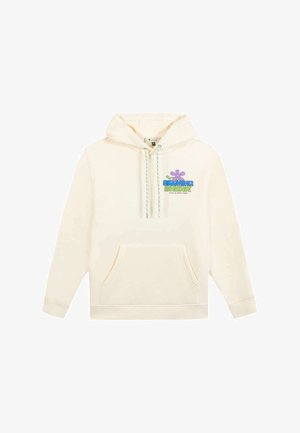 Beige hoodie met voorzak, trekkoord in de capuchon en kleurrijke "Weekend Break" tekst en bloemmotief op de linkerborst.