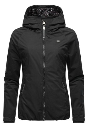 Veste noire imperméable avec capuche, dotée d'une fermeture éclair à l'avant, de poches latérales et d'une doublure intérieure à motifs. Texture douce et design ajusté.