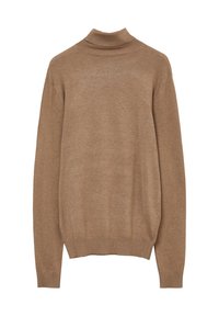 Pull en col roulé marron en tissu doux et texturé, avec des manches longues et un col et un ourlet côtelés pour un look ajusté.