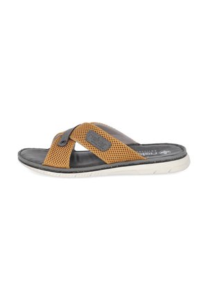 Heren open-toe sandaal met bruine mesh gekruiste bandjes, zwart gevoerd voetbed en witte gestructureerde zool.