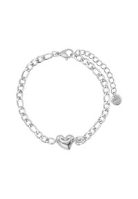 Bracciale in argento con grandi anelli ovali, un ciondolo a forma di cuore e una chiusura sicura con una catena regolabile aggiuntiva.