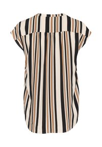 Blouse à manches courtes avec rayures verticales noires, marron et beige, ourlet arrondi et détail sur l'empiècement dos.