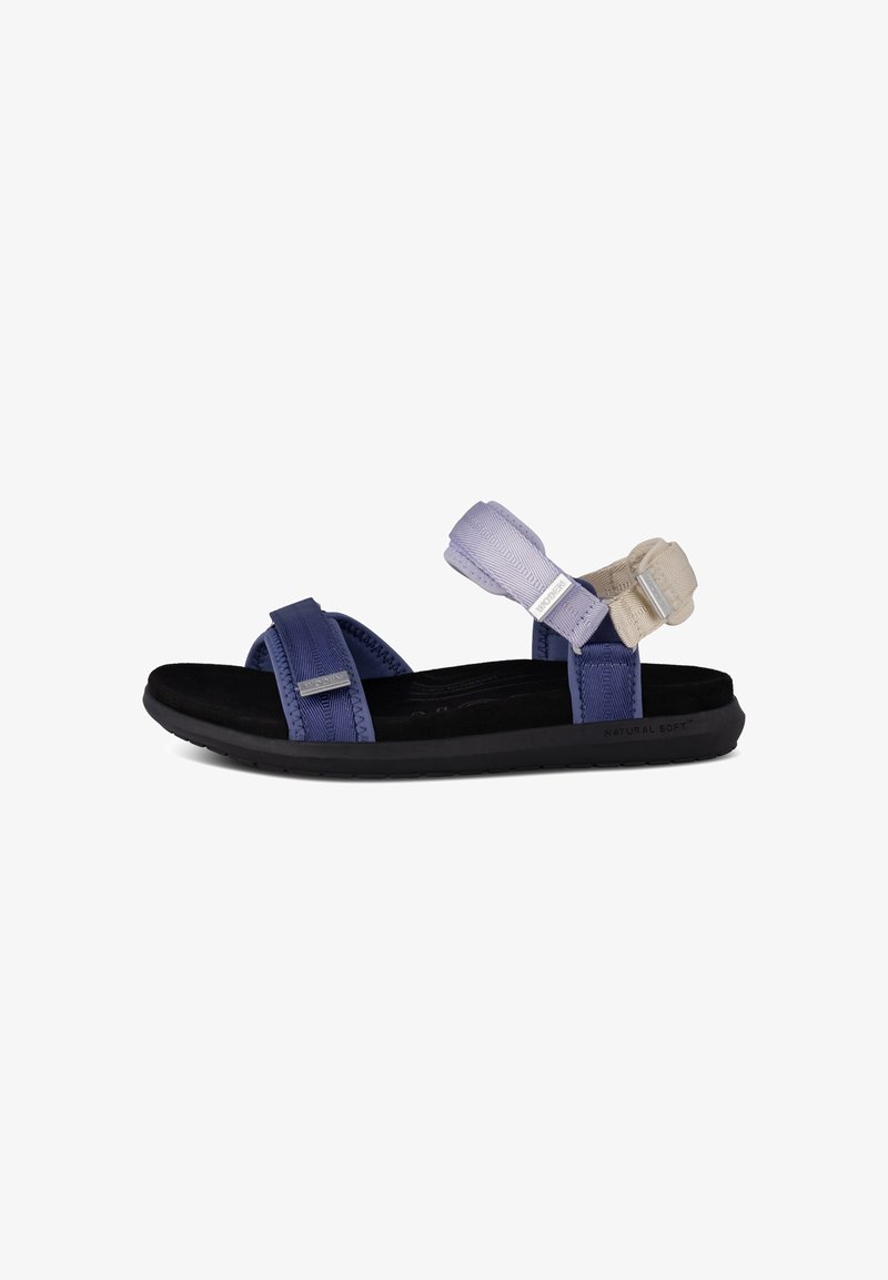 Blue and lavender fabric sandals with adjustable straps, black textured outsole, and a cushioned footbed. Metallic accents on straps.