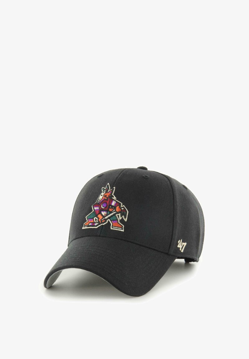 Black baseball cap with a colorful embroidered graphic of a hockey player. Features a curved brim and a stitched logo on the side.