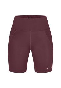 Shorts sportivi a vita alta, di un profondo color granata, con tasche laterali e cuciture piatte, progettati per comfort e prestazioni.