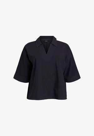 Top blu navy a maniche corte con scollo a V e colletto, realizzato in tessuto testurizzato. Caratterizzato da una vestibilità ampia e dettagli di cucitura sottili.