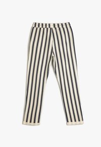 Gestreepte broek met een marineblauwe en crèmekleurige kleurencombinatie; elastische tailleband; taps toelopende stijl; gladde stof; enkellange snit.