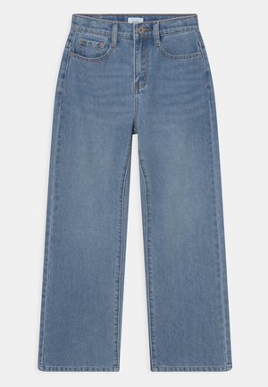 Jeans bleus à jambe large en denim avec cinq poches, décoloration subtile et surpiqûres contrastantes. Coupe droite de la taille à l'ourlet.