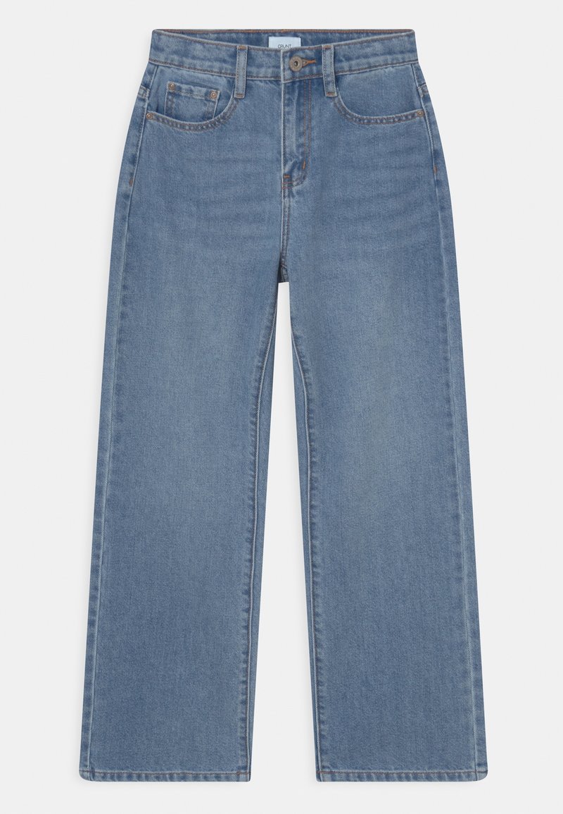 Jeans bleus à jambe large en denim avec cinq poches, décoloration subtile et surpiqûres contrastantes. Coupe droite de la taille à l'ourlet.