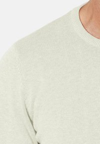 Suéter de punto acanalado en verde claro que presenta un cuello redondo y una textura suave, con sutiles variaciones de color en la tela.