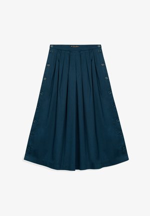 Jupe midi plissée bleu marine avec des détails de boutons sur le côté et une ceinture droite, conçue pour une coupe ample et fluide.
