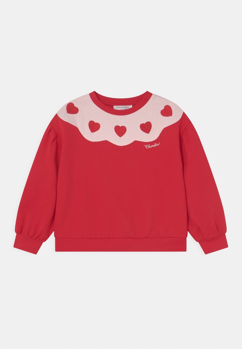 Sweat-shirt rouge à manches longues avec empiècement festonné rose comportant cinq cœurs rouges et petit logo "Charabia" en écriture cursive sur la poitrine.
