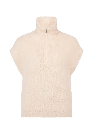 Uldet, cremegul farvet ærmeløs pullover med høj krave og halv lynlås. Blød tekstur med en loose og afslappet pasform.