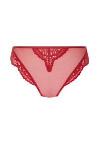 Rode doorschijnende kant bikini-stijl onderbroek met bloemenpatronen en golvende randen op een witte achtergrond.