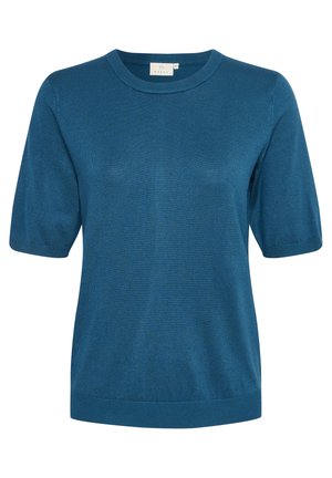 Svetra s kratkimi rokavi v teal barvi iz mehkega pletenega materiala. Ima okrogel izrez in rebrast rob. Gladka tekstura s rahlim leskom.