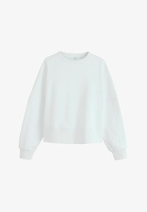 Hanorac alb cu mâneci lungi și decolteu rotund, cu manșete și tiv striate, expus pe un fundal alb simplu.